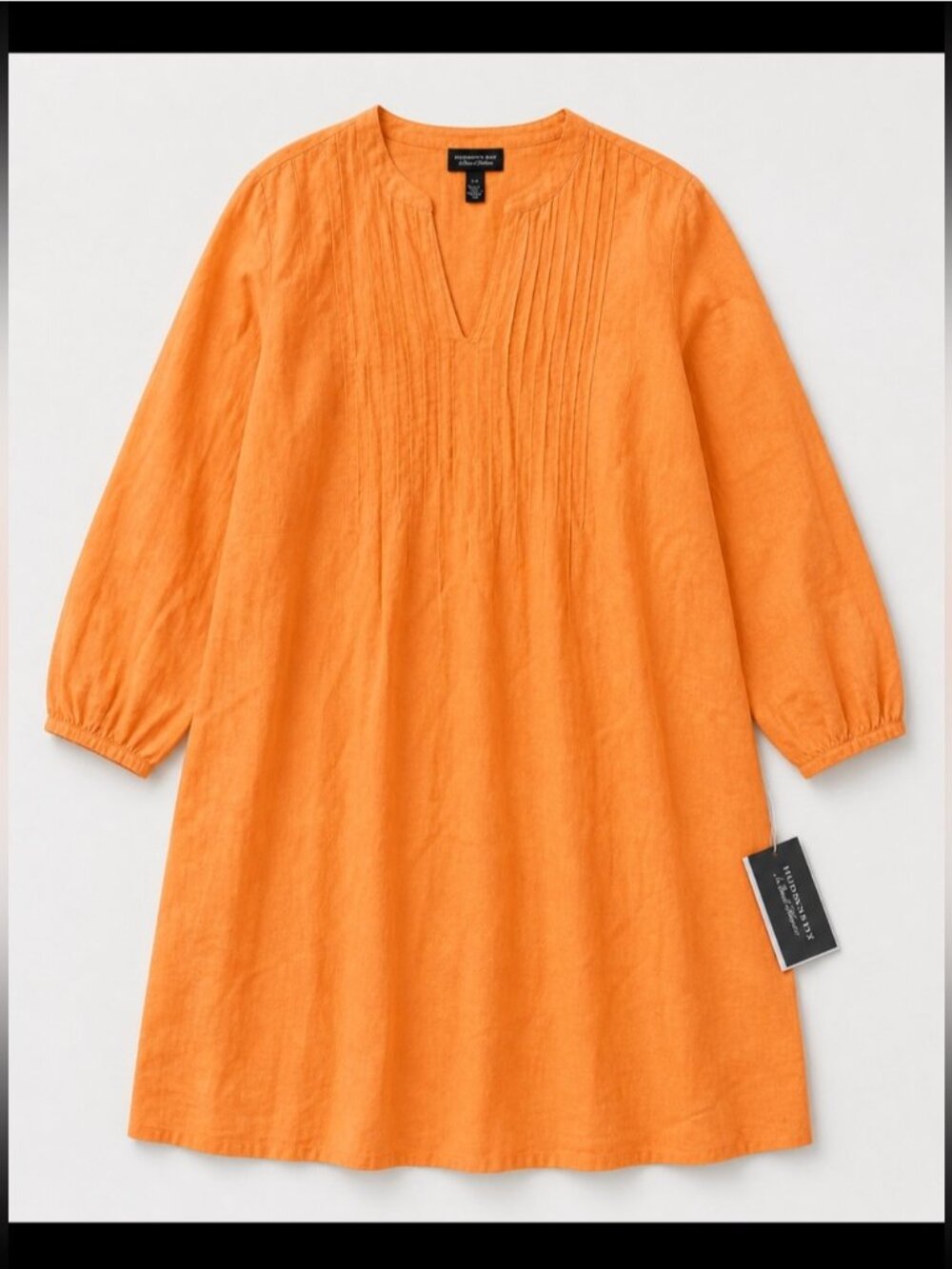 Hudson’s Bay 100% Linen Tunic Dress Woman Large Orange Pockets 3/4 Sleeve Office